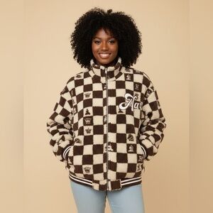 Brown and Cream Checkered Fleece Jacket